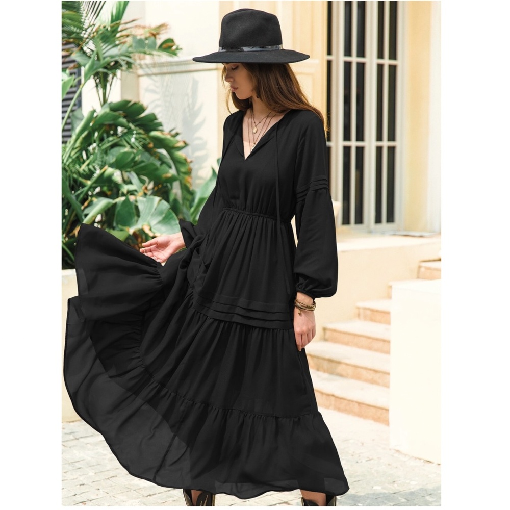 Black Bohemian Maxi Dress Chiffon Neck Ties Long Sleeve Ruffle Hem Flowy